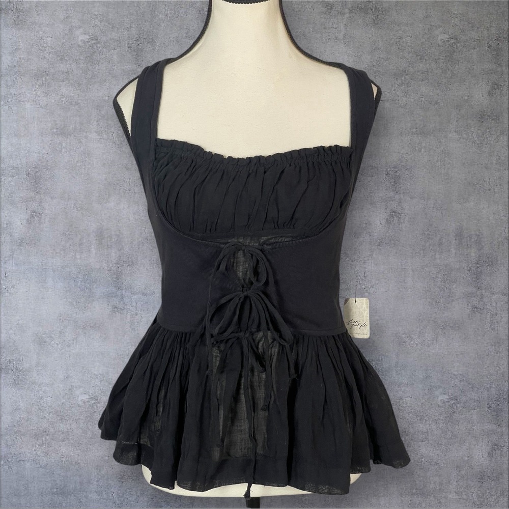 Free People Black Corset Peplum Top Womens XS Whimsygoth Boho Dark Romantic NWT